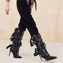 Load image into Gallery viewer, Only maker Women Pointed Toe Mid-Calf Boots Buckle Strap Thin High Heel