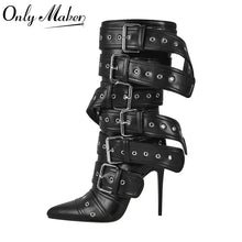 Load image into Gallery viewer, Only maker Women Pointed Toe Mid-Calf Boots Buckle Strap Thin High Heel