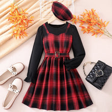 Load image into Gallery viewer, Dress For Kids Girl Long Sleeved Plaid Belt Hat Big Girls Clothes Fashion