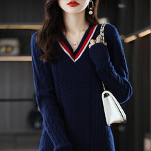 Load image into Gallery viewer, New Fashion Ladies V-neck Knitted Sweater Dress 100% Wool