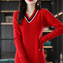 Load image into Gallery viewer, New Fashion Ladies V-neck Knitted Sweater Dress 100% Wool