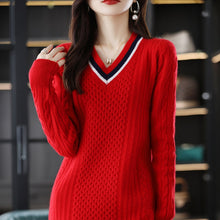 Load image into Gallery viewer, New Fashion Ladies V-neck Knitted Sweater Dress 100% Wool