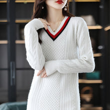 Load image into Gallery viewer, New Fashion Ladies V-neck Knitted Sweater Dress 100% Wool