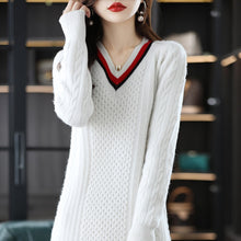 Load image into Gallery viewer, New Fashion Ladies V-neck Knitted Sweater Dress 100% Wool