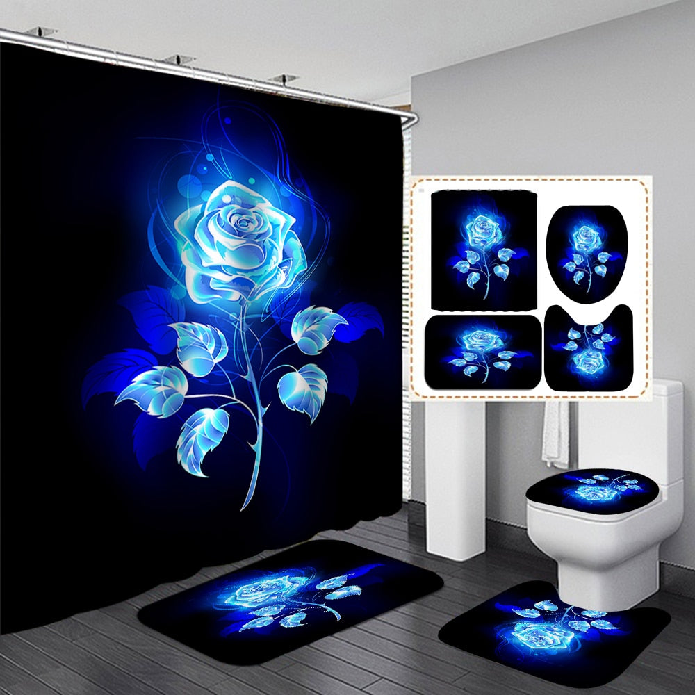 Shiny Blue Golden Rose Waterproof Shower Curtain Set Toilet Cover Mat