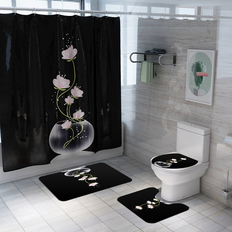 Black Lotus Bathroom Shower Curtain Set Waterproof Polyester