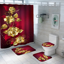 Load image into Gallery viewer, Shiny Blue Golden Rose Waterproof Shower Curtain Set Toilet Cover Mat
