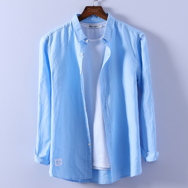 Men Spring Summer Cotton Linen Shirt Slim Casual Long Sleeves