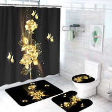 Load image into Gallery viewer, Shiny Blue Golden Rose Waterproof Shower Curtain Set Toilet Cover Mat
