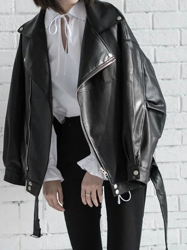 New women's High Quality Black PU Leather Loose Turn-down Collar Zipper