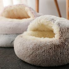 Load image into Gallery viewer, Round Cat and small dog Bed Long Plush Cat Cushion Warm Cat House 2 In 1 - sunnydayhomedecorboutique
