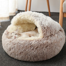 Load image into Gallery viewer, Round Cat and small dog Bed Long Plush Cat Cushion Warm Cat House 2 In 1 - sunnydayhomedecorboutique
