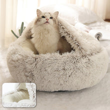 Load image into Gallery viewer, Round Cat and small dog Bed Long Plush Cat Cushion Warm Cat House 2 In 1 - sunnydayhomedecorboutique
