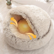 Load image into Gallery viewer, Round Cat and small dog Bed Long Plush Cat Cushion Warm Cat House 2 In 1 - sunnydayhomedecorboutique
