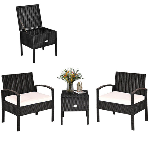 Patiojoy 3PCS Patio Rattan Furniture Set Storage Table Cushioned Sofa Black  HW63757WH - sunnydayhomedecorboutique