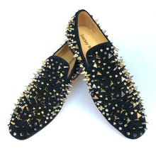 Load image into Gallery viewer, Men Black Leather Slippers Loafers Shoes With Gold Spikes
