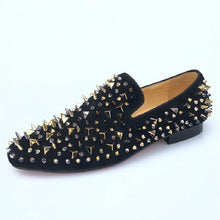 Load image into Gallery viewer, Men Black Leather Slippers Loafers Shoes With Gold Spikes
