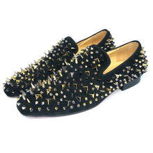 Load image into Gallery viewer, Men Black Leather Slippers Loafers Shoes With Gold Spikes
