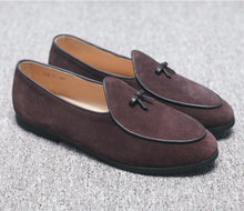 Load image into Gallery viewer, Men&#39;s Leather Loafers Black Suede Slippers Belgian Dress Shoes
