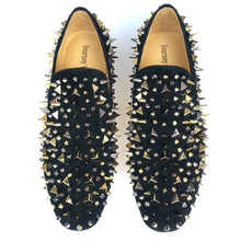 Load image into Gallery viewer, Men Black Leather Slippers Loafers Shoes With Gold Spikes
