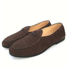 Load image into Gallery viewer, Men&#39;s Leather Loafers Black Suede Slippers Belgian Dress Shoes
