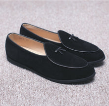 Load image into Gallery viewer, Men&#39;s Leather Loafers Black Suede Slippers Belgian Dress Shoes
