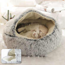 Load image into Gallery viewer, Round Cat and small dog Bed Long Plush Cat Cushion Warm Cat House 2 In 1 - sunnydayhomedecorboutique
