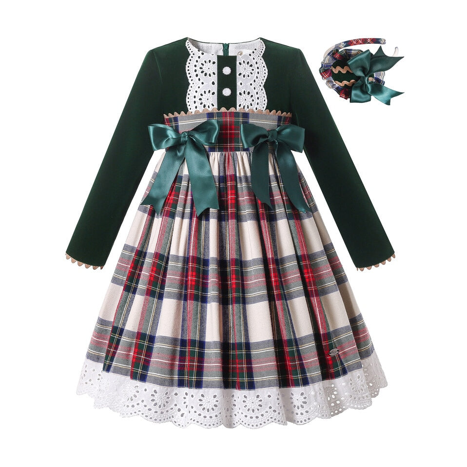 Pettigirl Winter Children Teenagers Kids Charm Christmas Luxurious Green Plaid Lace Dresses for Girls Clothes Size 2 3 7 12 Year - sunnydayhomedecorboutique