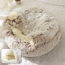 Load image into Gallery viewer, Round Cat and small dog Bed Long Plush Cat Cushion Warm Cat House 2 In 1 - sunnydayhomedecorboutique
