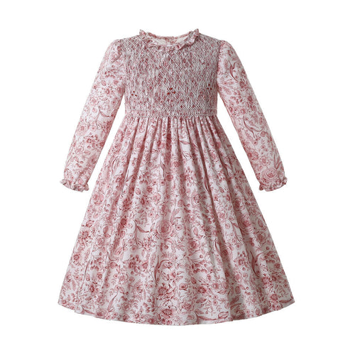 Pettigirl Autumn Christmas Children Infant Pink Floral Hand Smoccked Dresses Kids For Toddler Girls Back to School 2345681012Y - sunnydayhomedecorboutique