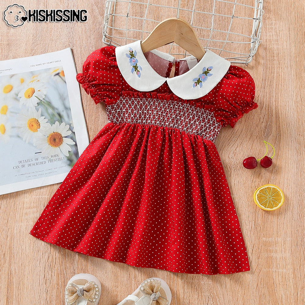 KISKISSING Smocked Baby Girl Dress Casual Printed Dot Solid