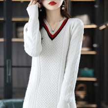 Load image into Gallery viewer, New Fashion Ladies V-neck Knitted Sweater Dress 100% Wool
