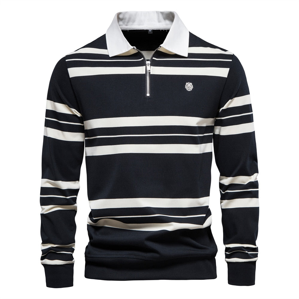 AIOPESON Brand Cotton Long Sleeve Men Polo Shirts Cotton Striped Zipper