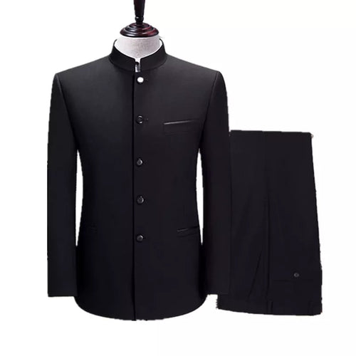 (Jacket + Pants) Chinese Style Men Stand Collar Slim Fit Two Piece Suit for Male - sunnydayhomedecorboutique